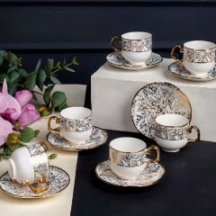 Gold Kulplu Soyut Desenli 6 Kişilik Kahve Fincan Takımı
