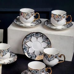 Gold Kulplu Mavi Renk Desenli 6 Kişilik Kahve Fincan Takımı
