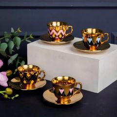 Renkli Desenli Gold Kaplama Asorti 4 Kişilik Kahve Fincan Takımı