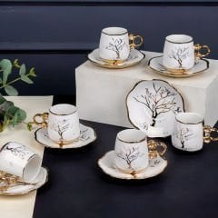 Soyut Ağaç Desenli Gold Kulplu Porselen 6 Kişilik Kahve Fincan Takımı