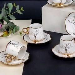 Soyut Ağaç Desenli Gold Kulplu Porselen 6 Kişilik Kahve Fincan Takımı