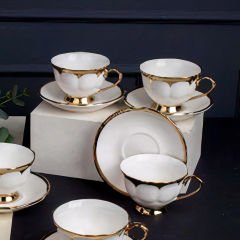 Altın Detaylı Gold Kulplu Şık Porselen 6 Kişilik Kahve Fincan Takımı