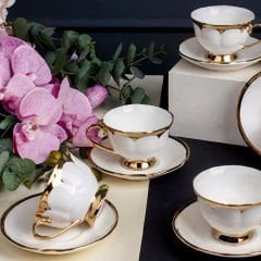 Altın Detaylı Gold Kulplu Şık Porselen 6 Kişilik Kahve Fincan Takımı
