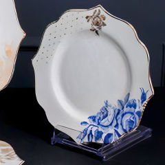Gold Çerçeveli Mavi Çiçek Desenli Porselen 24 Parça 6 Kişilik Yemek Takımı