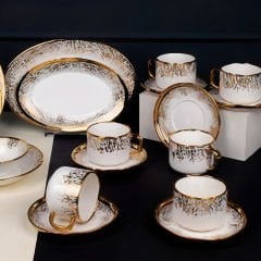 Altın Desenli Gold Kaplama Porselen 40 Parça 6 Kişilik Yemek Takımı
