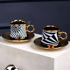 Gold Kaplama Siyah Beyaz Desenli Asorti 4 Kişilik Kahve Fincan Takımı