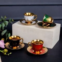 Gold Kaplama Renkli Desenli Asorti 4 Kişilik Kahve Fincan Takımı
