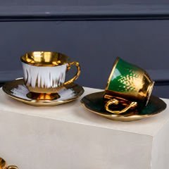 Gold Kaplama Renkli Desenli Asorti 4 Kişilik Kahve Fincan Takımı