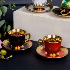Gold Kaplama Renkli Desenli Asorti 4 Kişilik Kahve Fincan Takımı
