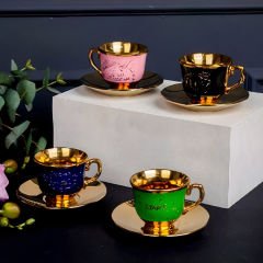 Renkli Gold Detaylı Asorti 4 Kişilik Kahve Fincan Takımı