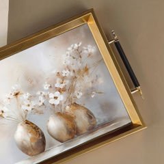 Çiçek Desenli Altın Çerçeveli Dekoratif Tepsi