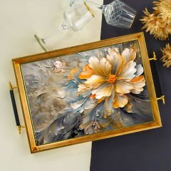 Altın Çerçeveli Çiçek Desenli Dekoratif Tepsi