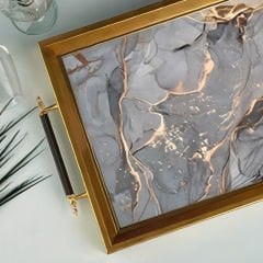 Gold Çerçeveli Gri Mermer Desenli Dekoratif Tepsi