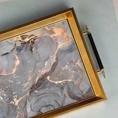 Gold Çerçeveli Gri Mermer Desenli Dekoratif Tepsi