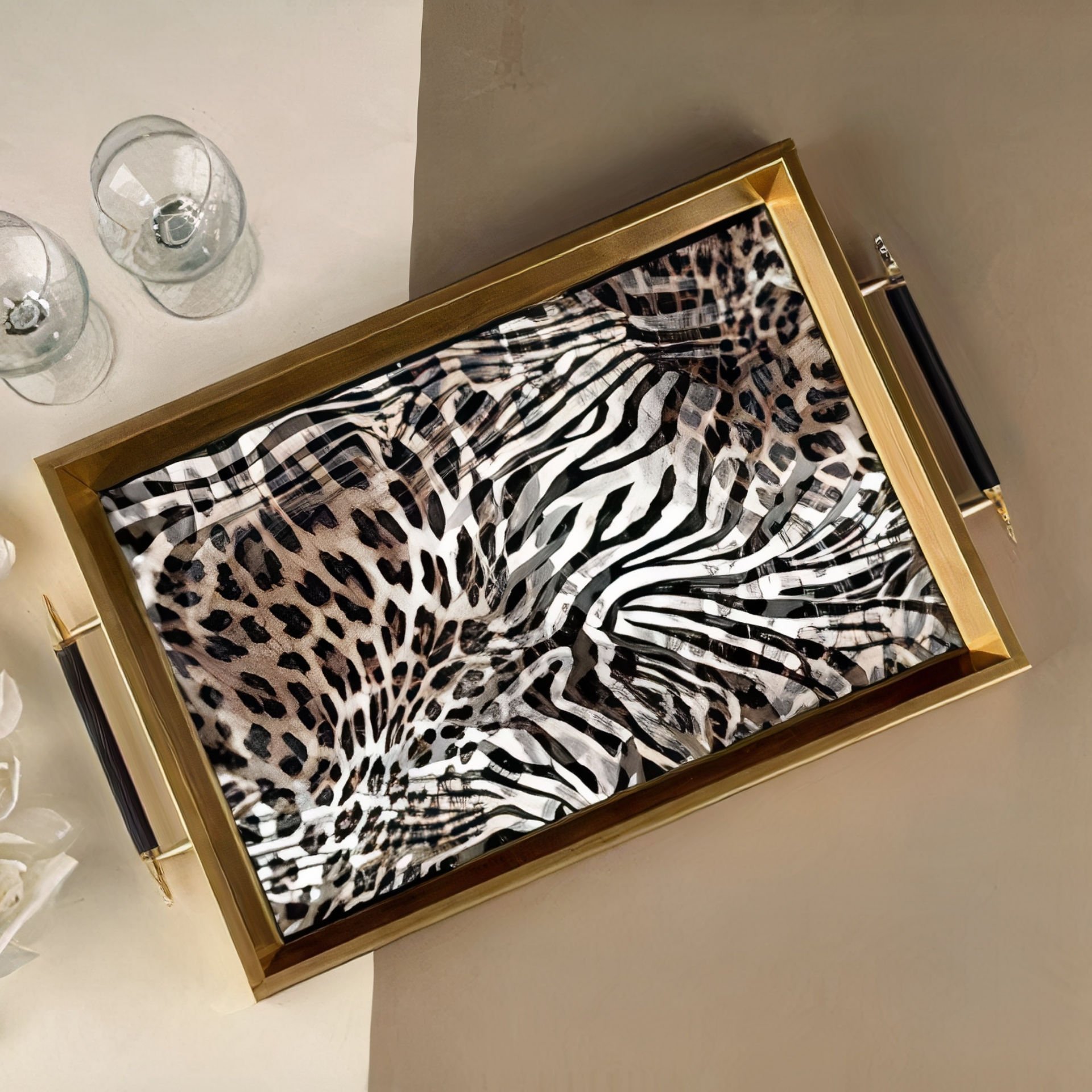 Gold Kaplama Leopar Desenli Dekoratif Tepsi