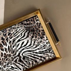 Gold Kaplama Leopar Desenli Dekoratif Tepsi