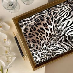 Gold Kaplama Leopar Desenli Dekoratif Tepsi