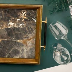 Eskitme Gold Çerçeveli Antrasit Mermer Desenli Dekoratif Tepsi