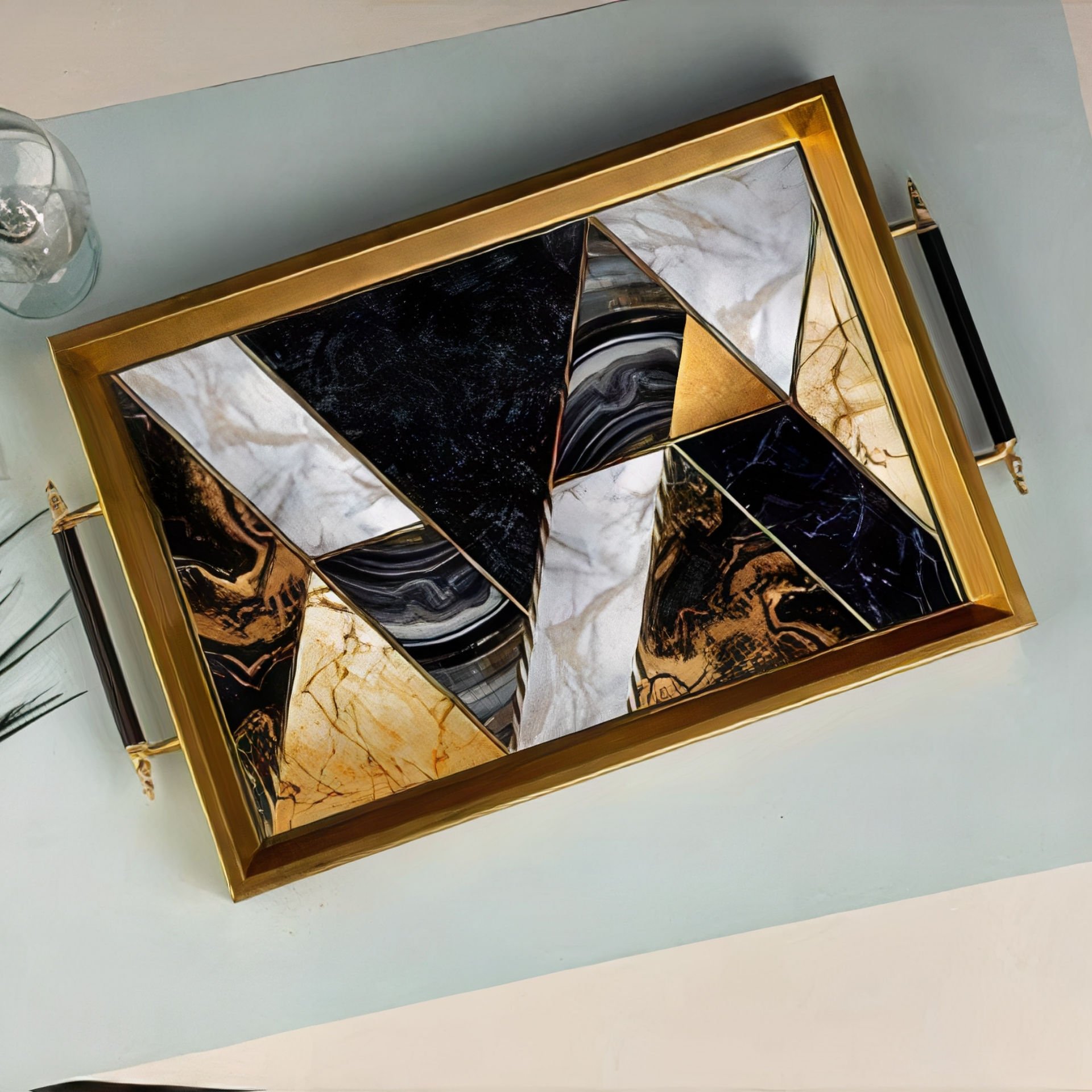 Gold Çerçeveli Modern Mermer Geometrik Dekoratif Tepsi