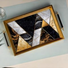 Gold Çerçeveli Modern Mermer Geometrik Dekoratif Tepsi