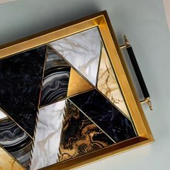 Gold Çerçeveli Modern Mermer Geometrik Dekoratif Tepsi