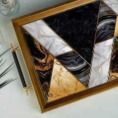Gold Çerçeveli Modern Mermer Geometrik Dekoratif Tepsi