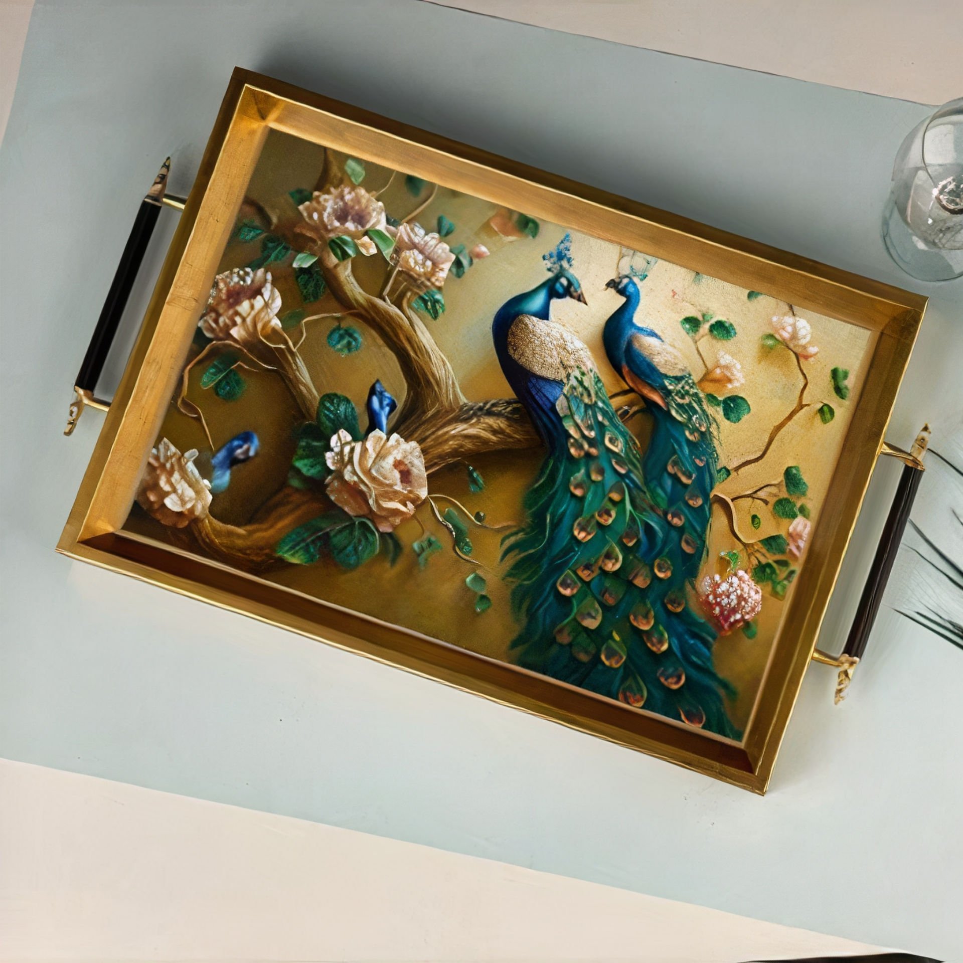 Altın Çerçeveli Mavi Tavus Kuşu Desenli Dekoratif Tepsi