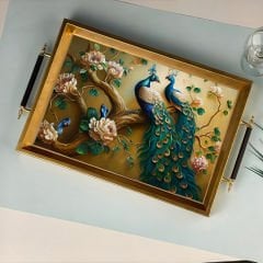 Altın Çerçeveli Mavi Tavus Kuşu Desenli Dekoratif Tepsi