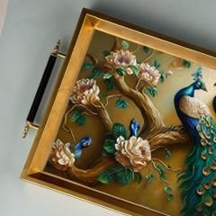 Altın Çerçeveli Mavi Tavus Kuşu Desenli Dekoratif Tepsi
