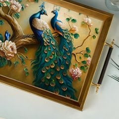 Altın Çerçeveli Mavi Tavus Kuşu Desenli Dekoratif Tepsi