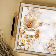 Beyaz Papatya Motifli Gold Detaylı Dekoratif Tepsi