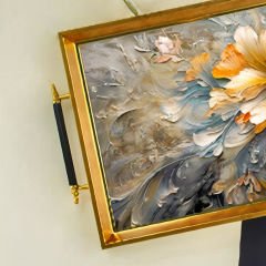 Gold Çerçeveli Çiçek Desenli Dekoratif Tepsi