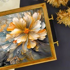 Gold Çerçeveli Çiçek Desenli Dekoratif Tepsi