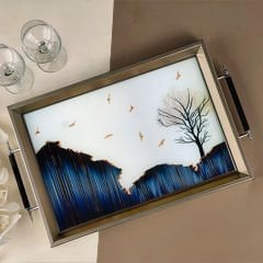 Mat Gold Çerçeveli Mavi Manzara Desenli Dekoratif Tepsi