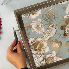 Gümüş Çerçeveli Kuş Çiçek Desenli Dekoratif Tepsi