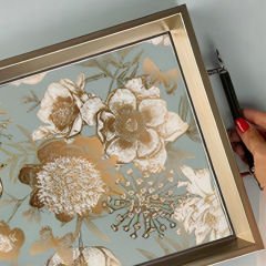 Gümüş Çerçeveli Kuş Çiçek Desenli Dekoratif Tepsi