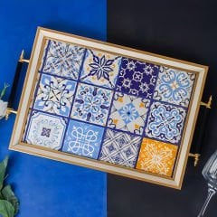 Gold Çerçeveli Mavi Mozaik Desenli Dekoratif Tepsi