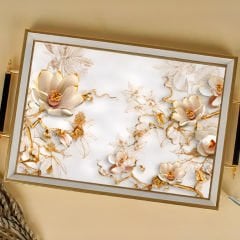 Gold Çerçeveli Beyaz Çiçek Desenli Dekoratif Tepsi