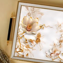 Gold Çerçeveli Beyaz Çiçek Desenli Dekoratif Tepsi