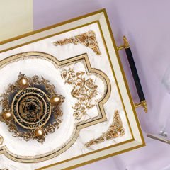 Gold İşlemeli Mermer Desenli Dekoratif Tepsi
