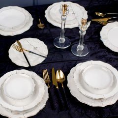 Gold Kenarlı Desenli Porselen 24 Parça 6 Kişilik Yemek Takımı