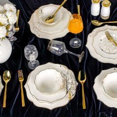 Gold Kenarlı Altın İşlemeli Porselen 24 Parça 6 Kişilik Yemek Takımı