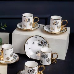 Gold Kulplu Çiçek Desenli Dekoratif 6 Kişilik Kahve Fincan Takımı