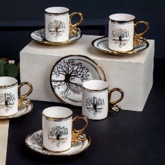 Çiçek Desenli Gold Kulplu 6 Kişilik Kahve Fincan Takımı