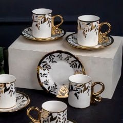 Gold Kulplu Yaprak Desenli 6 Kişilik Kahve Fincan Takımı