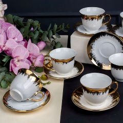 Gold İşleme Desenli Dekoratif 6 Kişilik Kahve Fincan Takımı