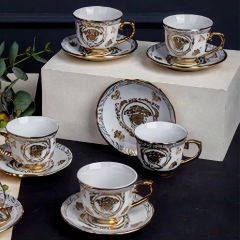Dekoratif Desenli Gold Kenarlı 6 Kişilik Kahve Fincan Takımı