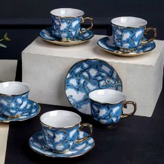 Gold Kenarlı Mavi Desenli 6 Kişilik Kahve Fincan Takımı