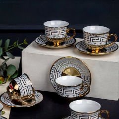 Geomerik Desenli Gold 6 Kişilik Kahve Fincan Takımı