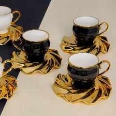 Siyah Beyaz Dekoratif Gold Kulplu 6 Kişilik Kahve Fincan Takımı